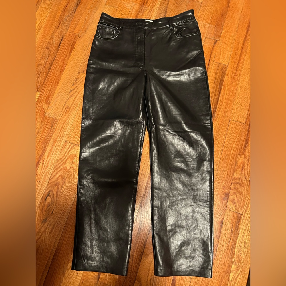 Wilfred Pants Womens 10 Black Faux Leather Straight Leg High Rise Pockets